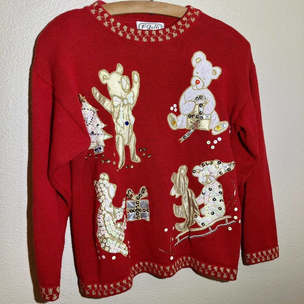 vintage ugly christmas sweater size M teddy bear Gold Lame Appliqué Sequins Red